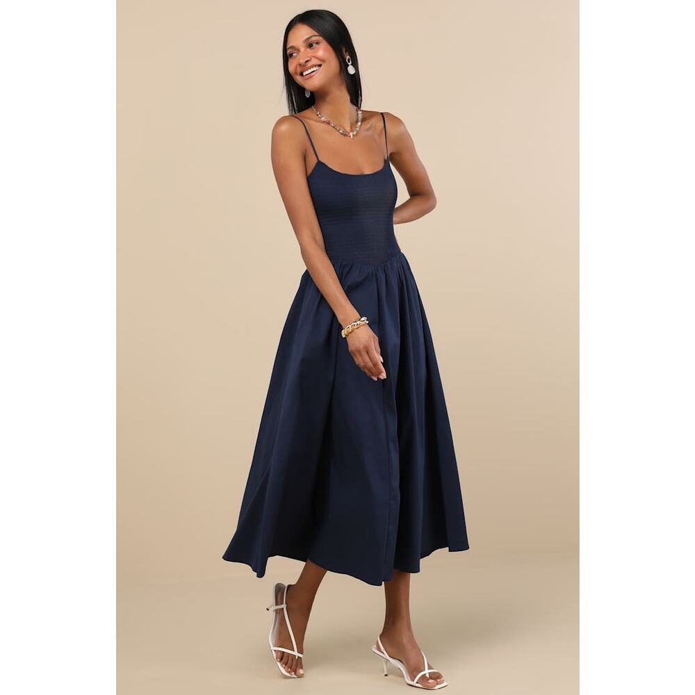 NWT Lulus Tandria Navy Smocked Sleeveless Midi Dress Holiday Gala Wedding Sz XL - Picture 1 of 7